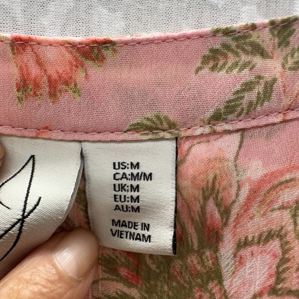 Joie Boho Floral Blouse Women Size M Pink Tie Neck Smocked Cuffs - Picture 3 of 12